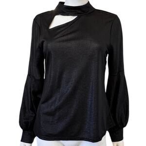 NEW HALOGEN Women’s Rich Black Cutout Mock Neck Top Size L